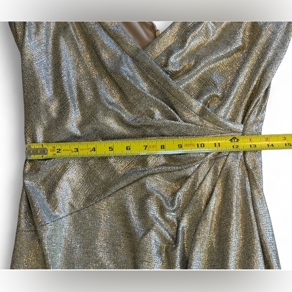 Lauren Ralph Lauren Metallic Silver Draped V Neck Maxi Gown Ruched Bodycon 14 - Picture 9 of 9
